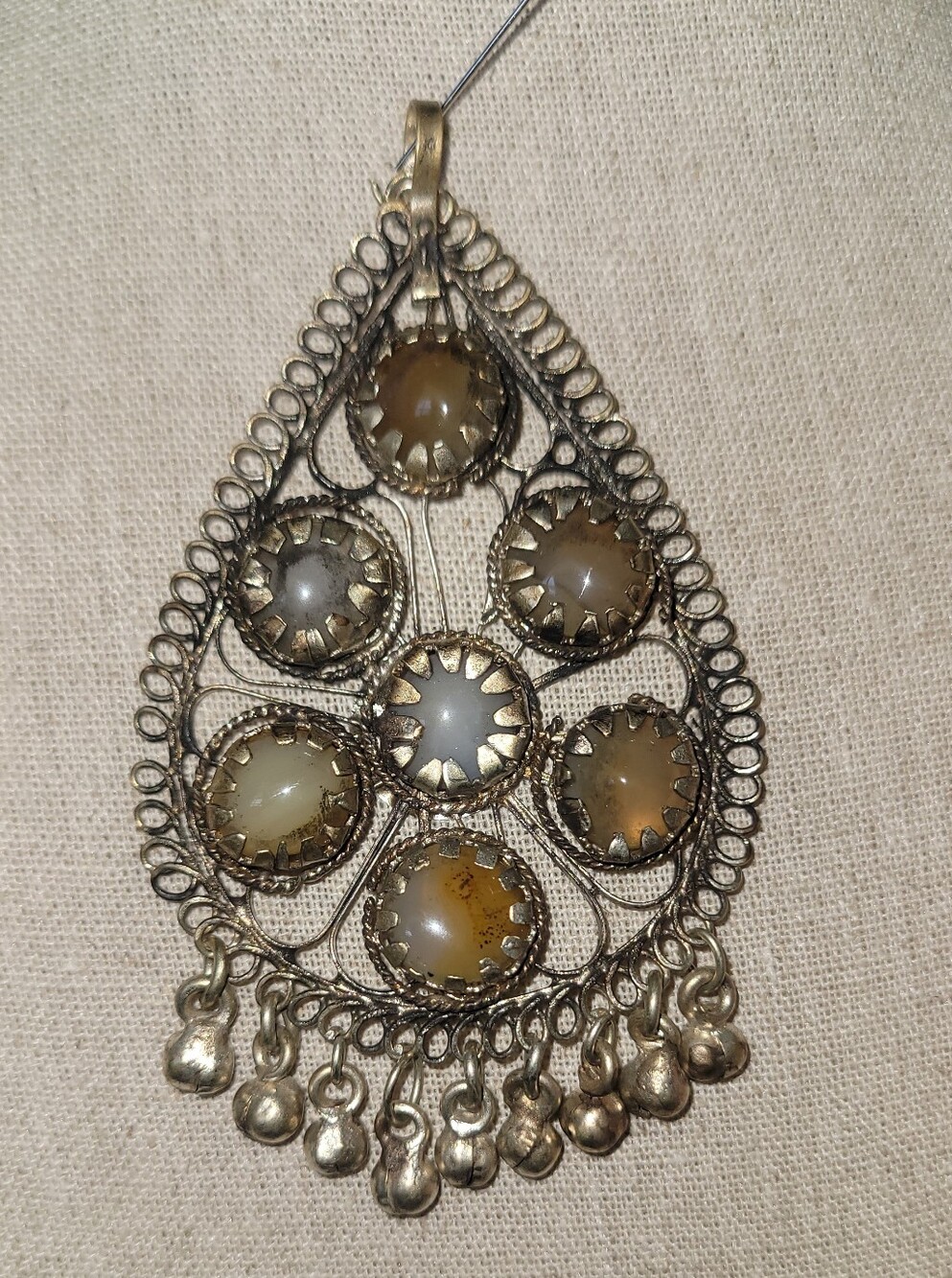 Vintage-Style Teardrop Pendant Necklace with Brown Agate Cabochons Boho